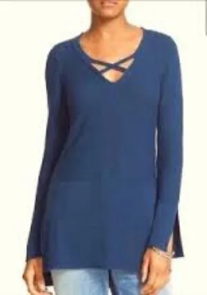 *Free People Teal Green Crisscross V-Neck Knit Medium Tunic Sweater #QB thumbnail 1