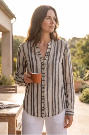 Milano Womens Linen Blend Striped Button Down Shirt Neutral Long Sleeve Size M thumbnail 1