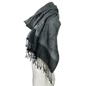 Pashmina Black Gray Paisley Colorblock Silk Fringe Wrap Shawl Neck Scarf OS thumbnail 2