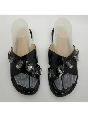 Womens Stone Jeweled Slip On Flat Slide Sandals Rhinestones Black Size 38 thumbnail 3