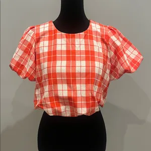Plaid Red and White Women's cropped Top with puffy sleeves thumbnail 1