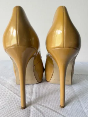 Enzo Angiolini Mustard/Beige Patent Peep Toe Stilettos thumbnail 3