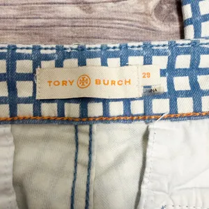 Tory Burch Blue Off White Checkered Straight Leg Cropped Side Zipper Pants 29 thumbnail 7