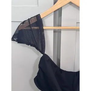 Black Mesh Off Shoulder Crop Top Sheer Flutter Sleeve Draped Sweetheart thumbnail 4