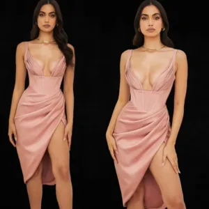 HOUSE OF CB‎ XS PLUS CUP ‘Faye’ Rose Satin Pleated Midi Dress NWOT thumbnail 2