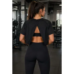 The Upside Track Mesh Crop Performance Black Active Open Back Top Women's L READ thumbnail 2