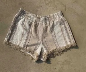 Boho Linen Blend Striped Fringe Shorts Beach Coastal Cottagecore‎ Women M thumbnail 1