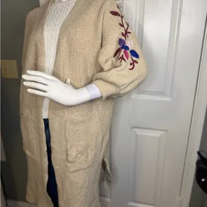 Knitted Long Cardigan Sweater Embroidered Flowers Chunky Size large. thumbnail 2