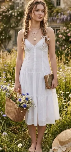 Frankie’s Bikinis White Cotton Cottagecore Bohemian Midi Dress Coquette Large thumbnail 1