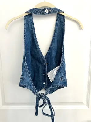 Zara Backless Denim Halter Top Size Medium thumbnail 2