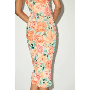 NEW Lulus Date Night Beauty Orange Floral Print Mesh Ruched Midi Dress Small thumbnail 3