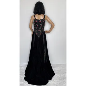 Late 80s Jeannie Nitro Gothic black velvet silk floral embroidered corset gown s thumbnail 5