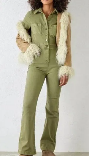 Urban Outfitters Emma Stretch Denim Flared Jumpsuit in Olive Green Size Small thumbnail 2
