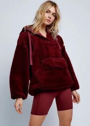 Free People Run My‎ Way Fleece Sherpa Jacket Oversized Plush Hoodie Maroon Small thumbnail 1