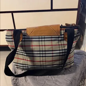 Plaid Canvas Tote Bag with Tan Leather Trim thumbnail 4