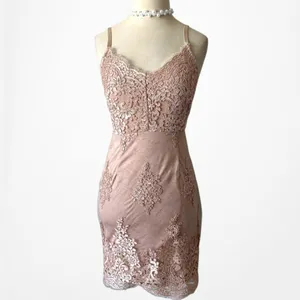 Vintage Y2K 90s Beige Nude Lace Mesh Mini Bodycon Knit Cocktail Party Dress Size S thumbnail 4