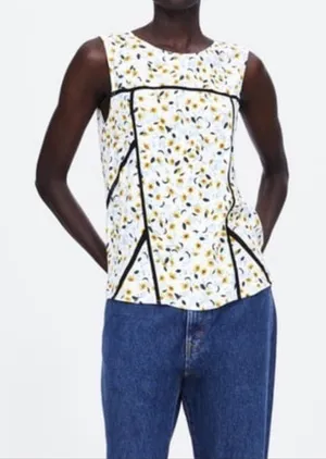Zara White Black Lace Inset Blue and Yellow Floral Tank Top Blouse XS thumbnail 1