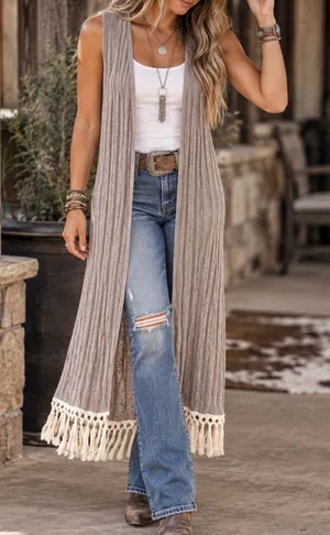 Wrangler sz S Fringe Gauzy Crochet Long Duster Vest Layering Cardigan Western thumbnail 1