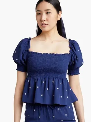Hill House Home Jewel Jammy Top Navy Blue Smocked Peplum Puff Sleeve Size M thumbnail 1