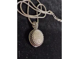 Silver-Tone Pavé Rhinestone Disc Pendant Necklace with Braided Chain thumbnail 2