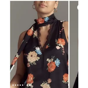 Anthropologie Black Floral Silky Halter Tank Lace Trim Sz XL Boho Romance NEW thumbnail 7