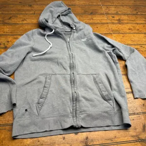 Hollister Gray Full Zip Hoodie Distressed Holes Ripped Sleeve Graphic Logo XL‎ thumbnail 1