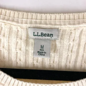 LL Bean Womens Sweater Cotton Wool Blend Cable Knit Scoop Knit Ivory M thumbnail 3