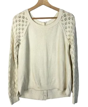 Ann Taylor‎ LOFT Ivory White Mesh Sleeve Knit Sweater M thumbnail 1