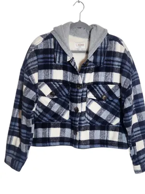 Ci Sono Blue and White Plaid Cropped Shacket with Gray Hoodie Size Large thumbnail 1