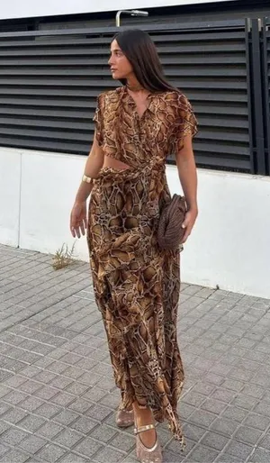 Zara maxi dress snake animal print mesh ruffled boho western casual summer thumbnail 5