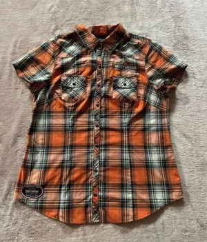 Harley Davidson Women's Plaid Button Up Back Embroidered Logo Shirt Size Large thumbnail 3
