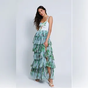 HUTCH Anthropologie Mariah Floral‎ Pleated Tulle Maxi Blue Dress Sz 2 thumbnail 3