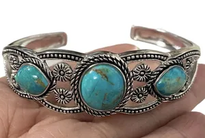 Stauer Triple Turquoise Cuff Open Bangle Silver Bracelet thumbnail 1