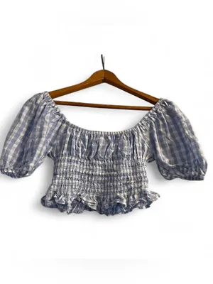 Japna Women's XS Blue Gingham Smocked Crop Top Puffed Sleeve Ruffle Cottagecore thumbnail 3