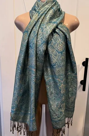 Pashmina Silk blend fringe Elegant Blue and Gold Paisley Scarf wrap shawl 70’ thumbnail 1