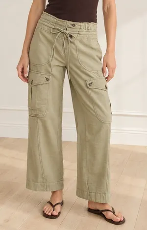 Free People Park Ave Cargo Pants Sz XS Olive Green Wide Leg Cotton Utility Boho thumbnail 1