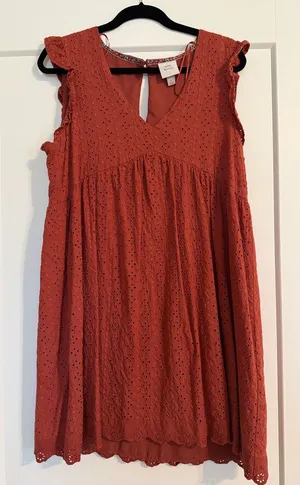 Knox Rose Rust Orange Eyelet V-Neck Swing Dress thumbnail 1