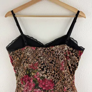 No Boundaries Vintage Y2K Brown Pink Leopard Rose Corset Style Mesh Babydoll Cami Tank Top thumbnail 7
