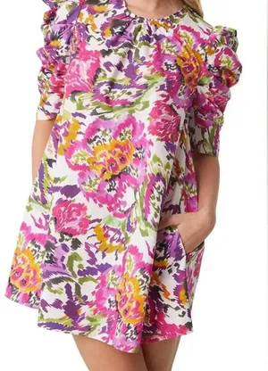 MISA Los Angeles Pink Floral Ikat Puff Sleeve Mini Dress - Medium - C11-610 thumbnail 1