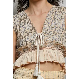 POL Shimmer Pattern Deep V Tie Front Tassel Ruffle‎ Hem Sleeveless Crop Top - M thumbnail 7