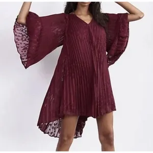 Anthropologie Toulon Pleated Bell Sleeve Mini Dress x Small Burgundy Boho xs NWT thumbnail 1