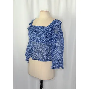 Anthropologie MAEVE Square Neck Sheer Babydoll Top Blue White Floral Large‎ thumbnail 6