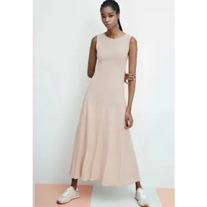 Zara NWT Sleeveless Knit Pleated Panel Maxi Dress Beige Small thumbnail 2