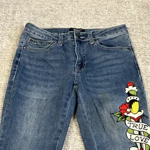 Ed Hardy Flare Jeans Womens 26 True Love Dagger Love Eternal Embroidered Y2K thumbnail 2