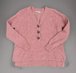 Madewell Button-Front‎ Merino Wool Blend Sweater XXS Pink Ribbed Knit Top thumbnail 1