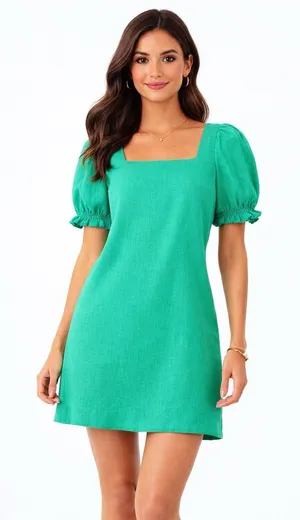 Draper James RSVP Linen Blend Puff Sleeve Mini Dress Green Square Neck S thumbnail 1