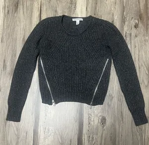 Autumn Cashmere Charcoal Gray 100% Cashmere Ribbed Zipper Crewneck Sweater XS thumbnail 1