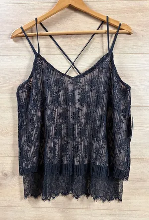 Lily Black Strappy Crossback Black/Tan Lace Cami Tank Top thumbnail 1