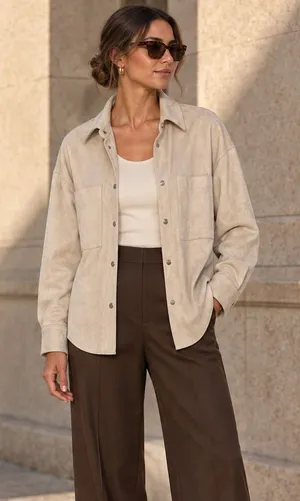 Zara Faux Suede Shacket Womens Small Beige Oversized Snap Front Shirt Jacket thumbnail 1
