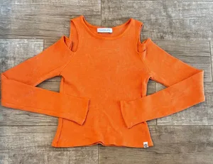 Daydreamer Long Sleeve Cold Shoulder Crop Top in Orange Mineral thumbnail 1